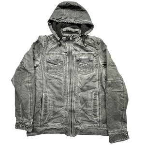 BKE Buckle Slashed Fleece Lined Hooded Jacket Mens Medium Gray Full Zip Pockets